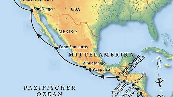 Routenkarte MS Amadea: Panama bis Golden Gate Bridge