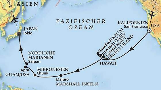 Routenkarte MS Amadea: Ins Land der aufgehenden Sonne
