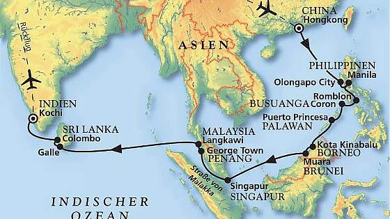Routenkarte MS Amadea: Von Hongkong bis Kerala