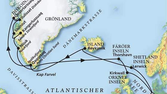 Routenkarte MS Amera: Großes Grönland-Abenteuer