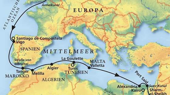 Routenkarte MS Amera: Bremerhaven zum Roten Meer