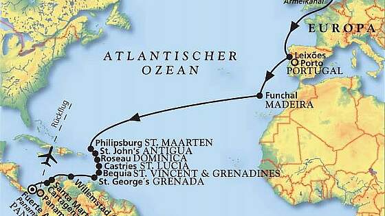 Routenkarte MS Amera: Von der Weser bis Panama