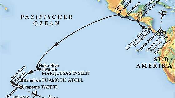 Routenkarte MS Amera: Von Panama bis nach Polynesien