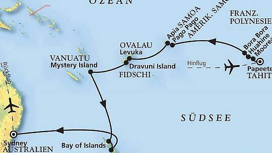 Routenkarte MS Amera: Durch die Südsee bis Australien