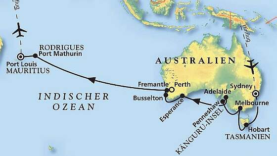 Routenkarte MS Amera: Von Sydney nach Mauritius