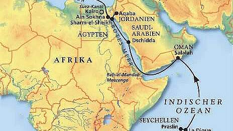 Routenkarte MS Amera: Von Mauritius nach Triest